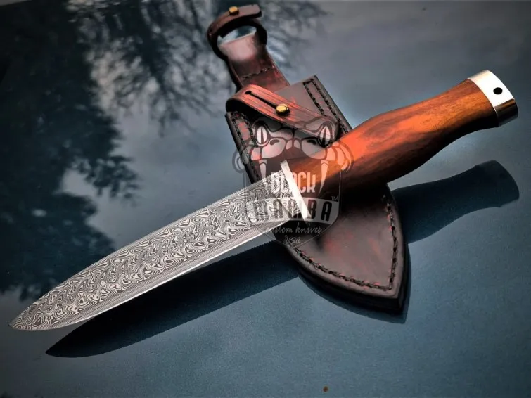 Black Mamba Wildwood Warden Handmade Damascus Steel with |Rose Wood Handle|Steel Bolster & Leather Sheath | Hunting, Camping Outdoor Knife | BMK-666 - view 4
