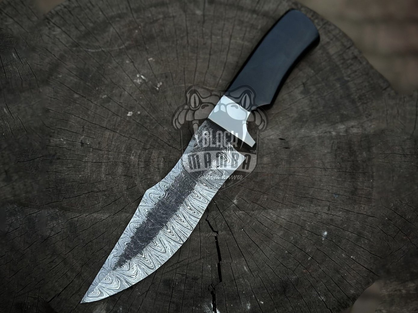 BMK-671 Black Mamba Darkstorm Handmade Damascus Steel Hunting Bowie | Black Resin Handle with Steel Bolster | & Leather Sheath