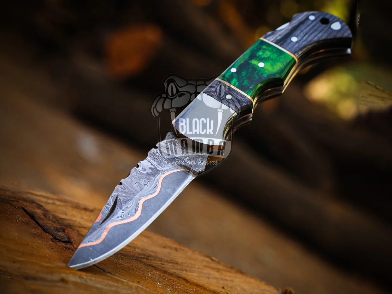 Emerald Trailblazer - Damascus Folding Pocket Knife, 6.5″ Overall, Pakka Wood Handle - view 2