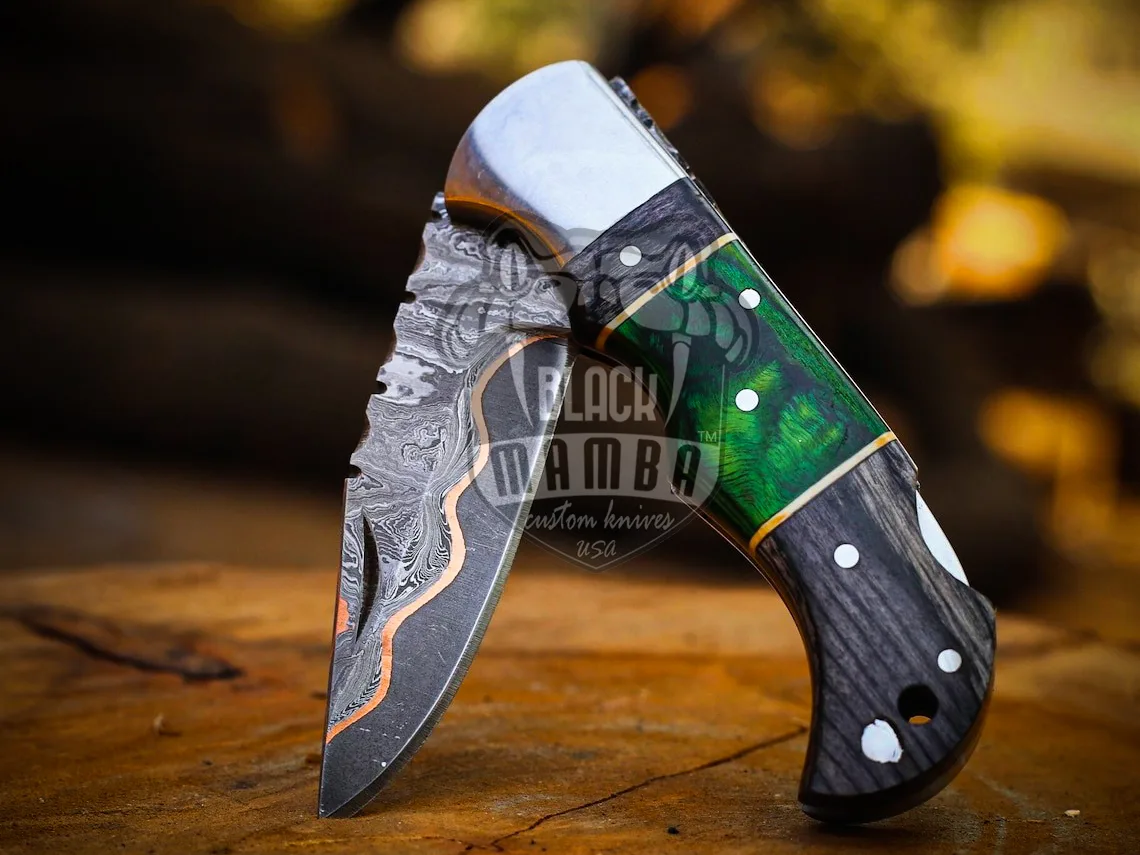 Emerald Trailblazer - Damascus Folding Pocket Knife, 6.5″ Overall, Pakka Wood Handle - view 3