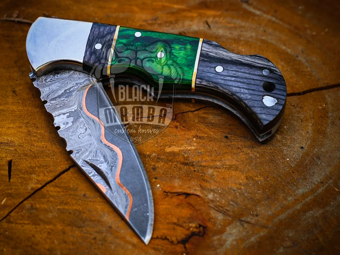 Emerald Trailblazer - Damascus Folding Pocket Knife, 6.5″ Overall, Pakka Wood Handle - view 4