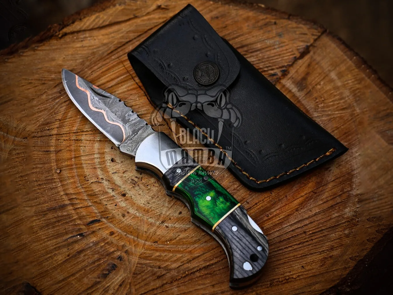 Emerald Trailblazer - Damascus Folding Pocket Knife, 6.5″ Overall, Pakka Wood Handle