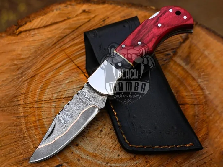 Crimson Strike Personalized Copper Damascus Steel Pocket Folding Knife Handmade Copper Anniversary Gift Knife Hand Forged Copper Fold Blade Groomsman Gift | BMK-668