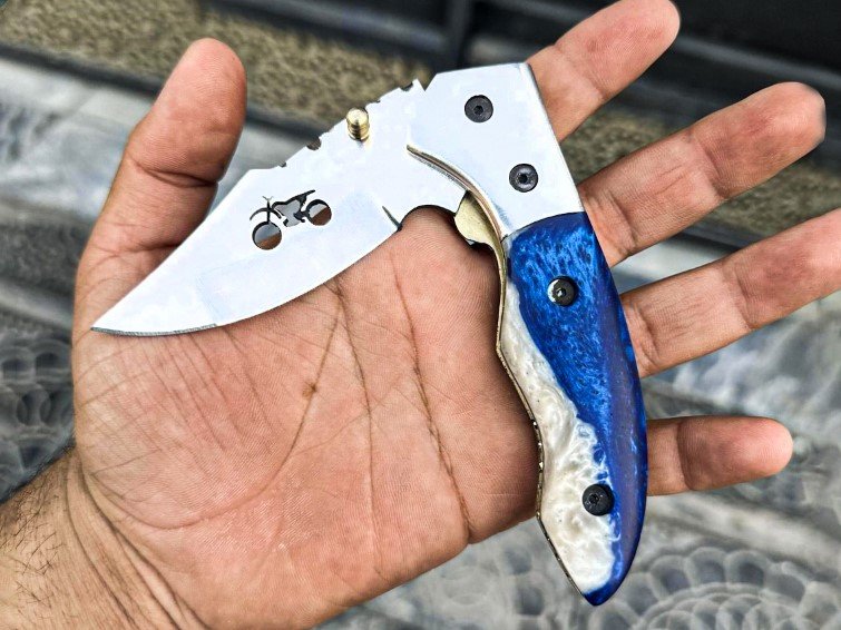 BMK-673 Road King Drifter Handmade Folding Pocket Knife – Resin Handle | Steel Bolster |Gift for Him & Her with Leather Sheath