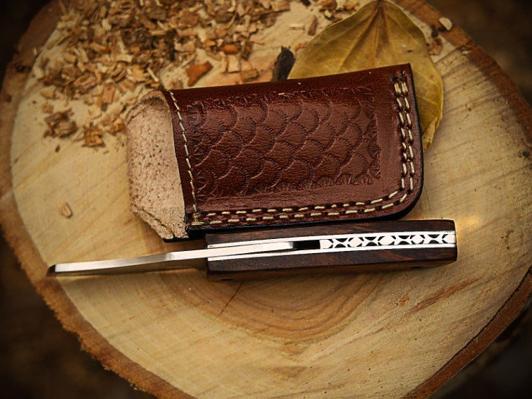 BMK-674 Black Mamba Trail Carver Handmade Stainless Steel Folding Pocket Knife | Rose Wood Handle | Gift for Him & Her with Leather Sheath - Image 2