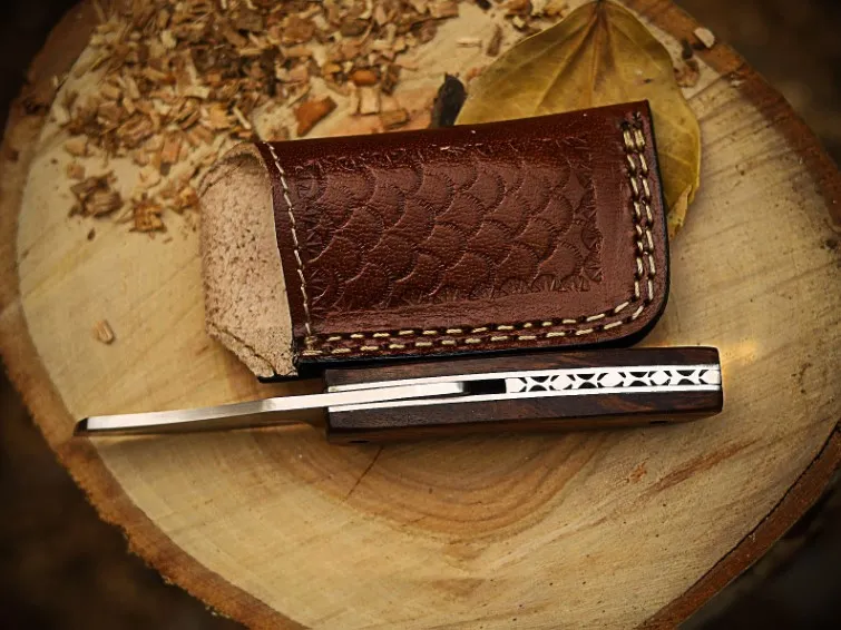 Black Mamba Trail Carver Handmade Stainless Steel Folding Pocket Knife | Rose Wood Handle | Gift with Leather Sheath | BMK-674 - view 2