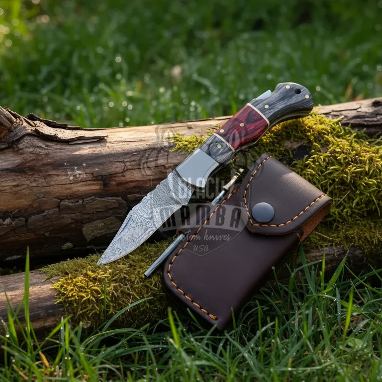 Trailmaste - Damascus Folding Pocket Knife, 6.5″ Overall, Pakka Wood Handle