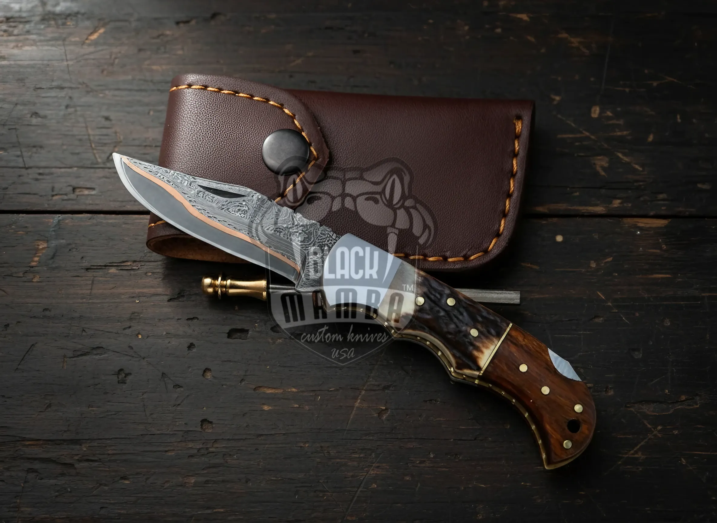 BMK Shadow Horn Copper Damascus Steel Pocket Knife | Handmade Folding Knife for Hunting and Camping | Perfect Gift Choice | BMK-600 - view 5
