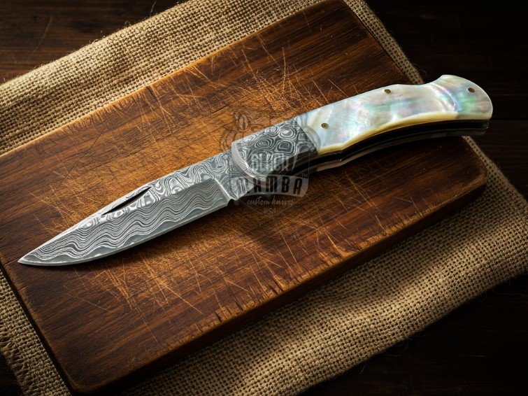 BMK-676 Serpent's Kiss Handmade Damascus Pocket Knife With | Sea Shell Handle | Damascus Bolster & Leather Sheath Camping ,Hunting , Christmas Gift & Him - Image 2