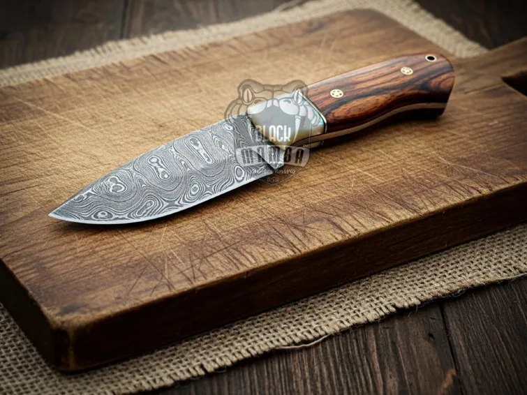 Azure Matrix Handmade Damascus Steel Skinner Knife | Rose Wood Handle | Pearl Shell Bolster and Leather Sheath Camping, Hunting, Christmas Gift & Him | BMK-686 - view 2