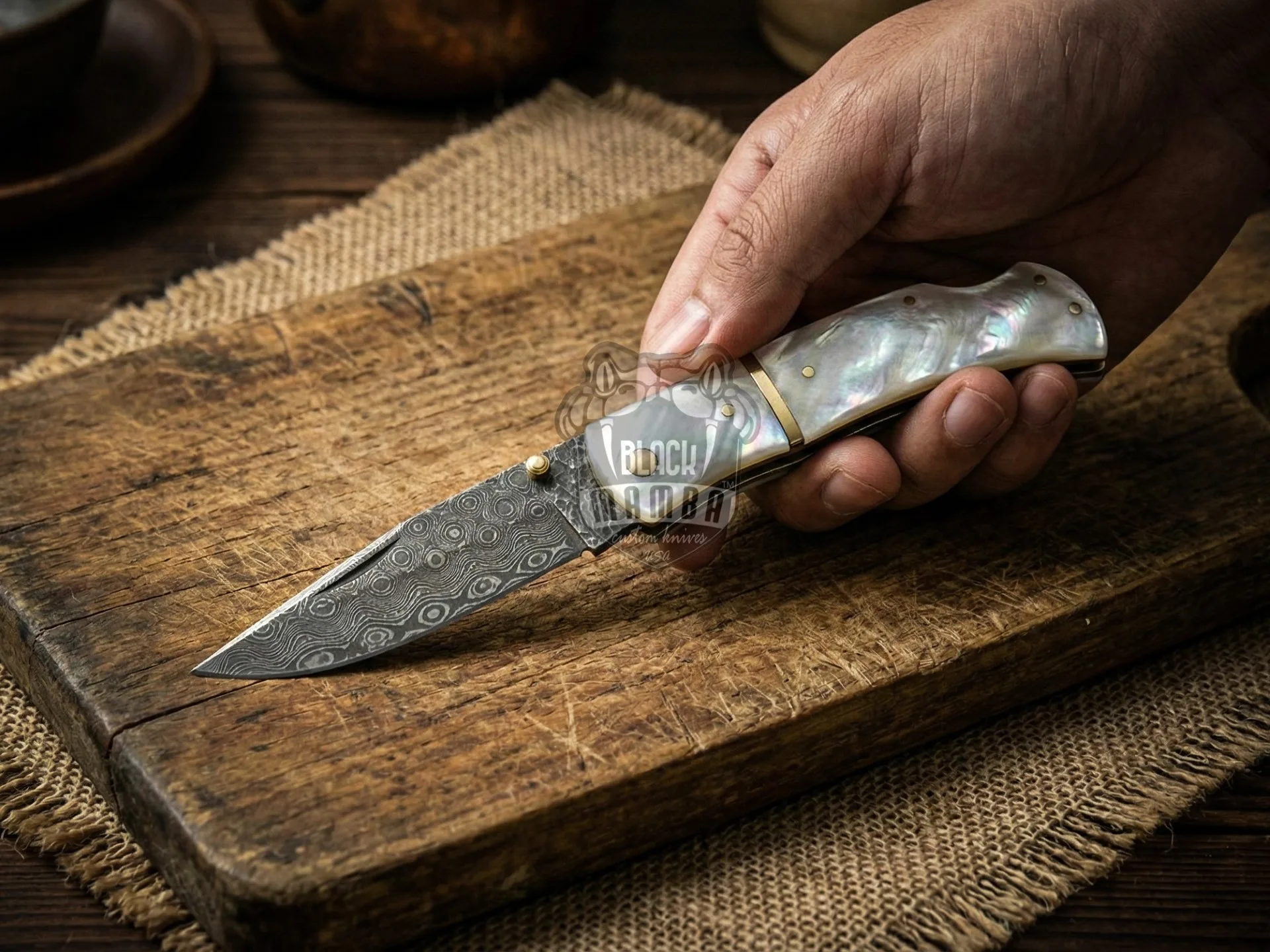 Celestial Pearl - Damascus Folding Pocket Knife, 7.5″ Overall, Pearl Handle - view 2
