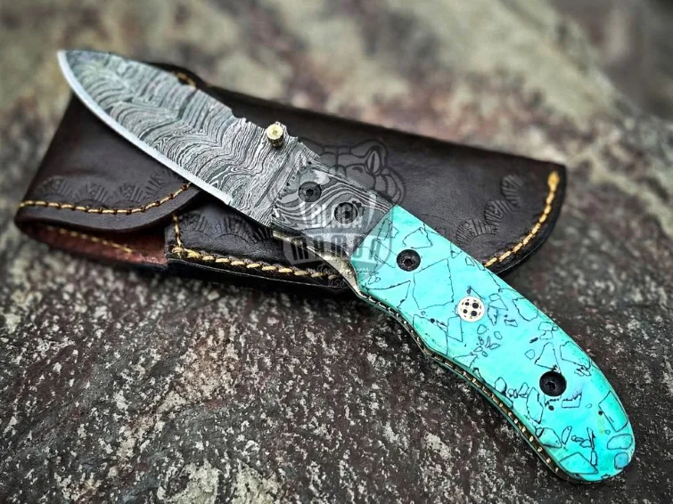 Azure Storm - Damascus Folding Pocket Knife, 7.5″ Overall, Turquoise Handle