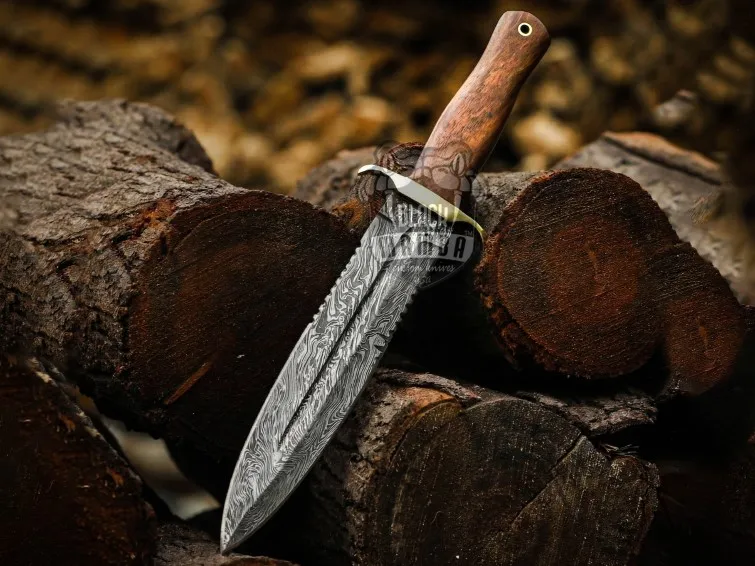 Titan Spear Handmade Damascus Steel Dagger Knife with Rose Wood Handle | Brass Clip & Leather Sheath | Groomsmen, Anniversary & Birthday Gift | BMK-694