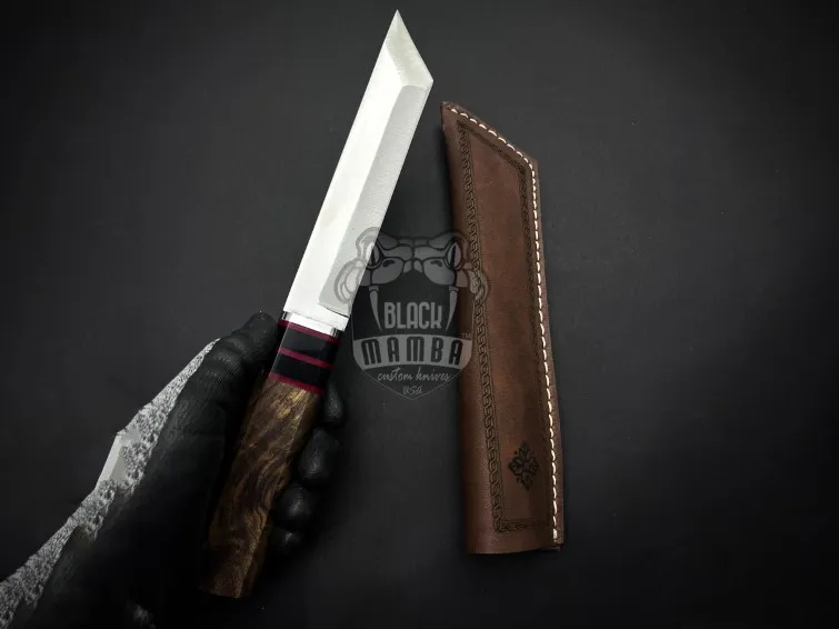 Shadow Storm Handmade Stainless Steel Tanto Knife with Walnut Wood Handle Fiber Spacer and Leather Sheath Camping Hunting Gift for Him & Her | BMK-696 - view 2