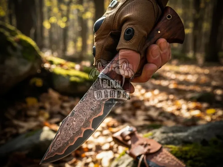 Royal Vanguard Handmade Copper Damascus Hunting Knife | Raindrop Pattern Bobcat Knife | Rosewood Handle | Custom Gift | Collector Blade | BMK-698