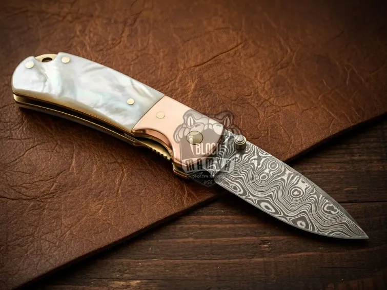 Black Mamba Mother-of-Pearl Handmade Damascus Pocket Knife with | Sea Shell Handle | Copper Bolster & Leather Sheath Camping, Hunting, Christmas Gift & Him | BMK-678 - view 2