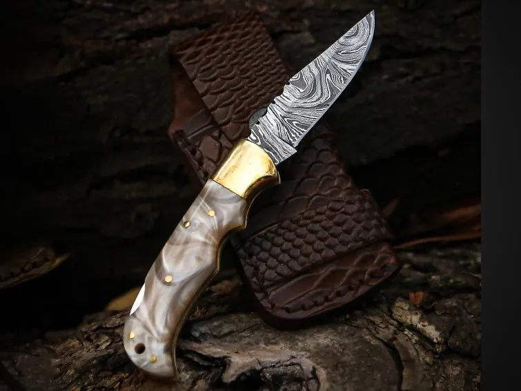 Pearl Shadow Handmade Damascus Steel Pocket Knife with Pearl Shell Handle & Brass Bolster | Hunting Camping Gift | BMK-705 - view 2