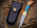 BMK-706 Azure Fang Handmade Damascus Steel Pocket Knife With Exotic Olive Wood & Resin Handle & Engraved Brass Bolster | Hunting Camping Gift For Him & Her