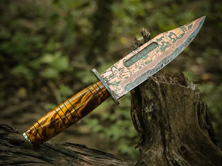 Handmade Copper Damascus Knife Copper Hunting Knife Exotic Burl Wood Handle Copper Fixed Blade Knife Best Anniversary Gift | BMK-707