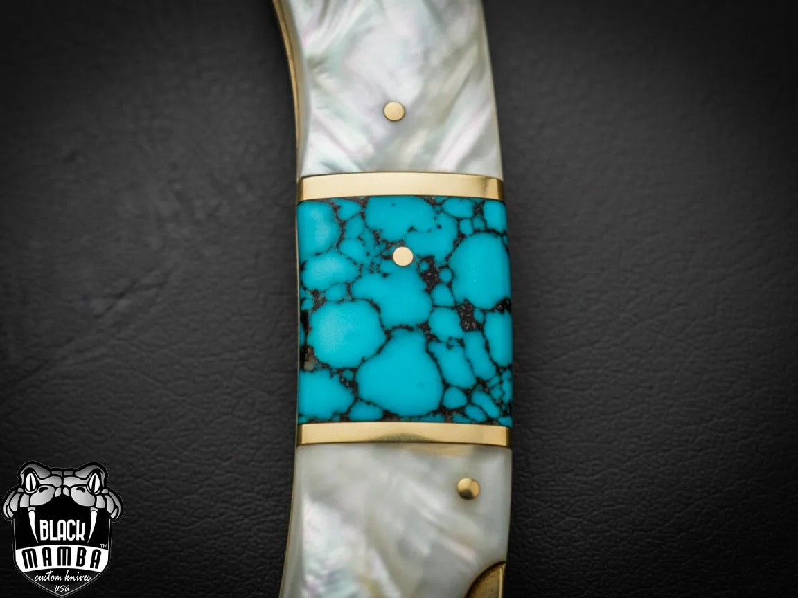 Azure Gem Hand Forged Rain Drop Damascus Pocket Knife | Sea Shell Turquoise Handle | And Leather Sheath Camping, Hunting, Christmas Gift & Him | BMK-682 - view 2