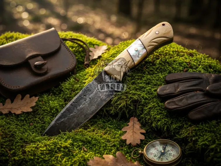 Stone Hunter Hand Forged Carbon Steel Blade with Engraved Bone Sea Shell Handle and Leather Sheath Camping, Hunting, Christmas Gift & Him | BMK-679 - view 2