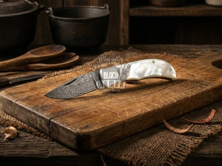 Pearl Serpent Handmade Damascus Pocket Knife | Sea Shell Handle with Steel Bolster | And Leather Sheath Camping, Hunting, Christmas Gift & Him | BMK-681 - view 2