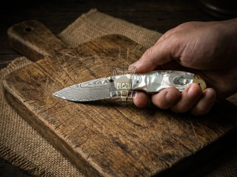 Highland Hunter Handmade Mix Twist Damascus Pocket Knife | Sea Shell Handle | With Brass Bolster and Leather Sheath Camping, Hunting, Christmas Gift & Him | BMK-683