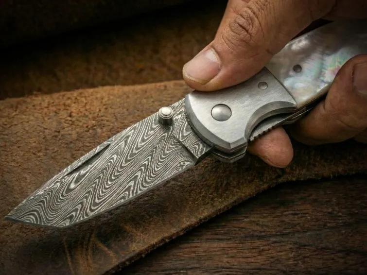Silver Pearl Handmade Mix Twist Damascus Pocket Knife | Sea Shell Handle | Dall Steel Bolster and Leather Sheath Camping, Hunting, Christmas Gift & Him | BMK-684 - view 2
