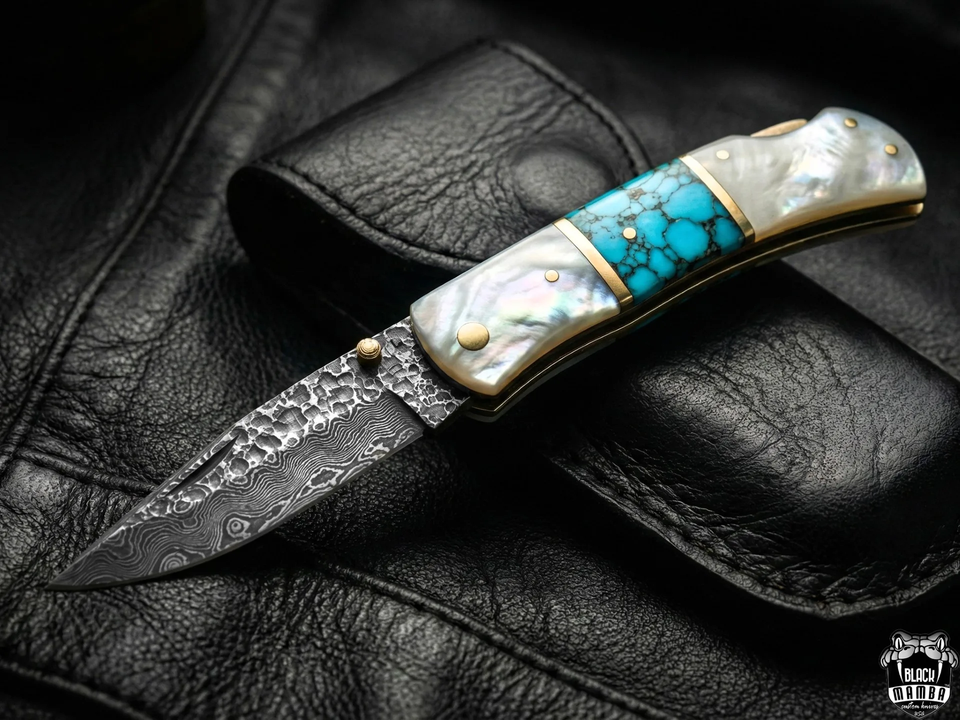 Azure Gem Hand Forged Rain Drop Damascus Pocket Knife | Sea Shell Turquoise Handle | And Leather Sheath Camping, Hunting, Christmas Gift & Him | BMK-682 - view 10