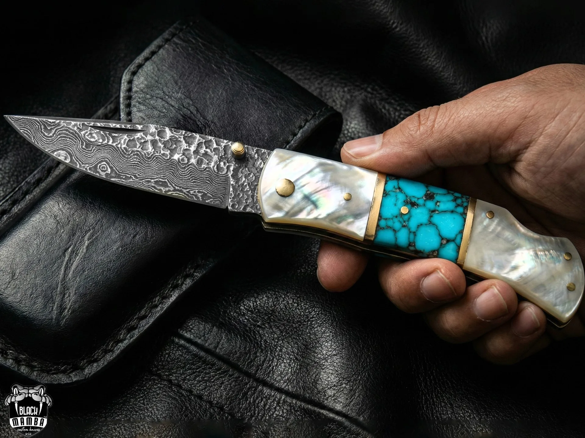 Azure Gem Hand Forged Rain Drop Damascus Pocket Knife | Sea Shell Turquoise Handle | And Leather Sheath Camping, Hunting, Christmas Gift & Him | BMK-682 - view 11