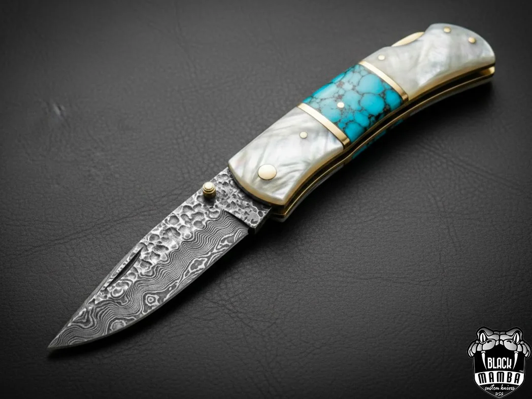 Azure Gem Hand Forged Rain Drop Damascus Pocket Knife | Sea Shell Turquoise Handle | And Leather Sheath Camping, Hunting, Christmas Gift & Him | BMK-682 - view 3