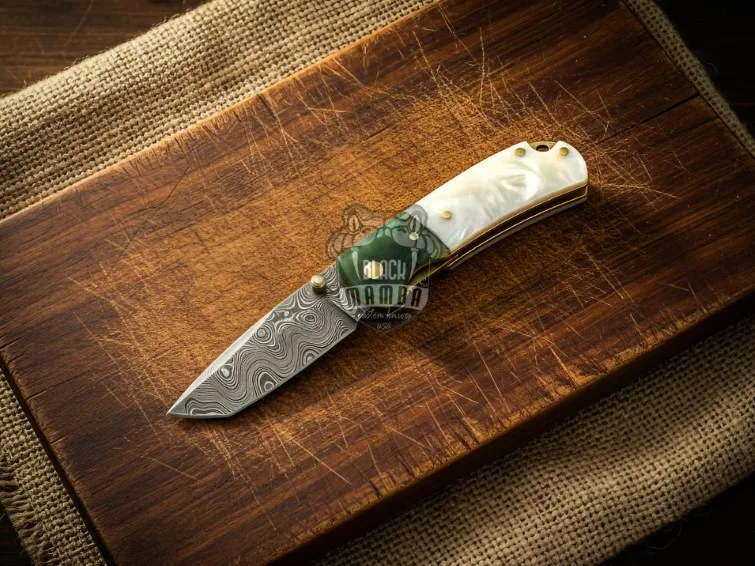 Black Mamba Emerald Pearl - Damascus Folding Pocket Knife, 3.5″ Blade, Bone Handle - view 2