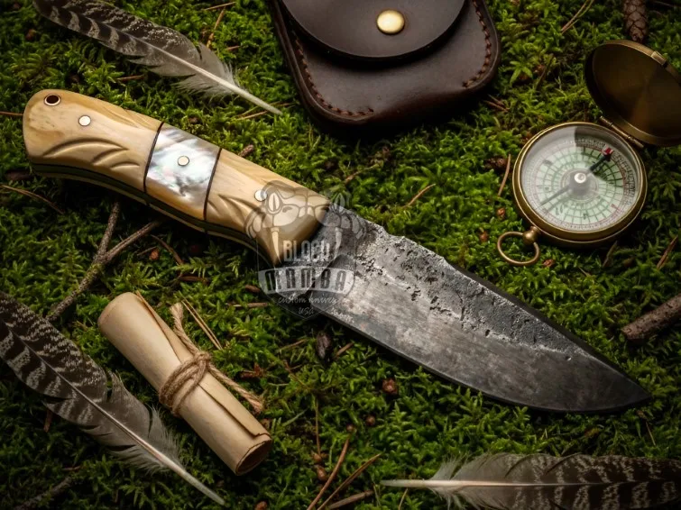 Stone Hunter Hand Forged Carbon Steel Blade with Engraved Bone Sea Shell Handle and Leather Sheath Camping, Hunting, Christmas Gift & Him | BMK-679 - view 3