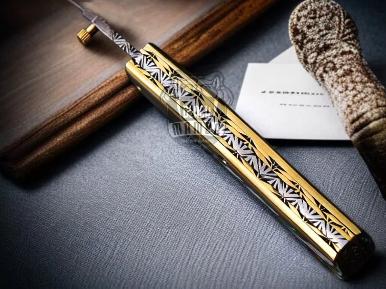 Emerald Enigma Handmade Damascus Steel Folding Knife | Abalone Resin Handle | Brass Bolster | Leather Sheath | Camping & Hunting EDC Gift | BMK-689 - view 3