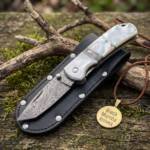 Silver Pearl Handmade Mix Twist Damascus Pocket Knife | Sea Shell Handle | Dall Steel Bolster and Leather Sheath Camping, Hunting, Christmas Gift & Him | BMK-684