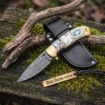 Highland Hunter Handmade Mix Twist Damascus Pocket Knife | Sea Shell Handle | With Brass Bolster and Leather Sheath Camping, Hunting, Christmas Gift & Him | BMK-683