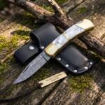 Royal Pearl Handmade Damascus Pocket Knife | Sea Shell Handle with Brass Bolster | And Leather Sheath Camping, Hunting, Christmas Gift & Him | BMK-680