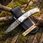 Celestial Pearl Handmade Damascus Steel Pocket Knife | Pearl Shell Handle | With Brass Spacer and Leather Sheath Camping, Hunting, Christmas Gift & Him | BMK-687