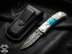 BMK-682 Azure Gem Hand Forged Rain Drop Damascus Pocket Knife  | Sea Shell Turquoise Handle  | and Leather Sheath Camping ,Hunting , Christmas Gift & Him