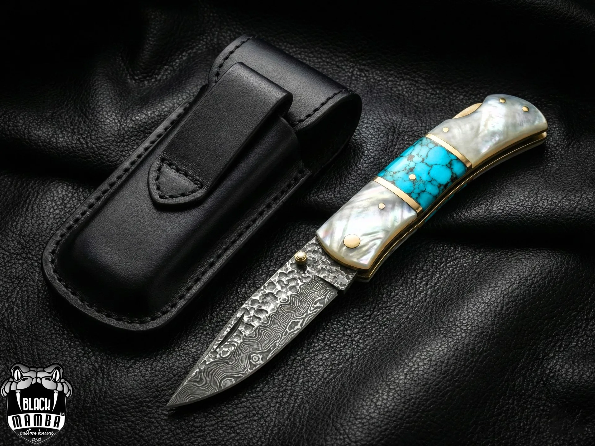 Azure Gem Hand Forged Rain Drop Damascus Pocket Knife | Sea Shell Turquoise Handle | And Leather Sheath Camping, Hunting, Christmas Gift & Him | BMK-682