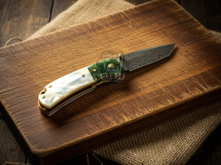 Black Mamba Emerald Pearl Handmade Damascus Pocket Knife with | Sea Shell Handle | Color Bone Bolster & Leather Sheath Camping, Hunting, Christmas Gift & Him | BMK-677 - view 3