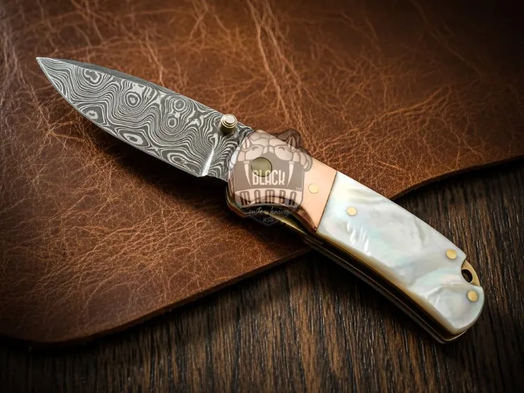 Black Mamba Mother-of-Pearl Handmade Damascus Pocket Knife with | Sea Shell Handle | Copper Bolster & Leather Sheath Camping, Hunting, Christmas Gift & Him | BMK-678 - view 3