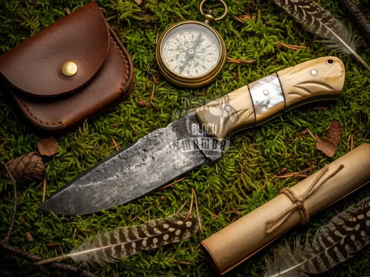 Stone Hunter Hand Forged Carbon Steel Blade with Engraved Bone Sea Shell Handle and Leather Sheath Camping, Hunting, Christmas Gift & Him | BMK-679 - view 4