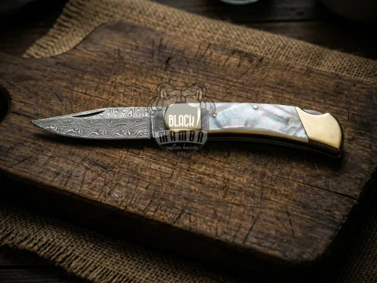 Royal Pearl Handmade Damascus Pocket Knife | Sea Shell Handle with Brass Bolster | And Leather Sheath Camping, Hunting, Christmas Gift & Him | BMK-680 - view 4