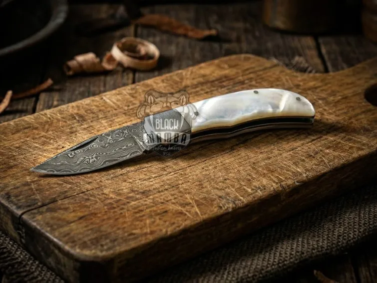 Pearl Serpent Handmade Damascus Pocket Knife | Sea Shell Handle with Steel Bolster | And Leather Sheath Camping, Hunting, Christmas Gift & Him | BMK-681 - view 3