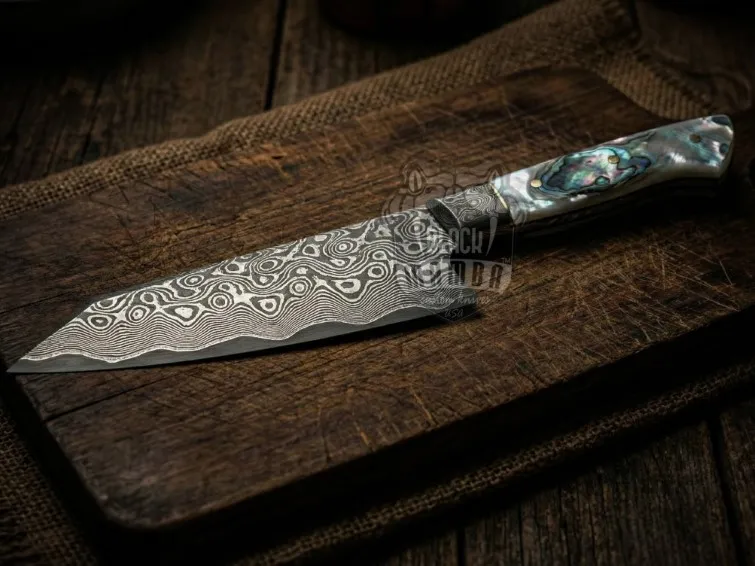 Black Mamba Vortex Edge Handmade Sanmai Bunka Chef Knife with | Sea Shell Handle | Sanmai Bolster & Leather Sheath | BMK-675 - view 3