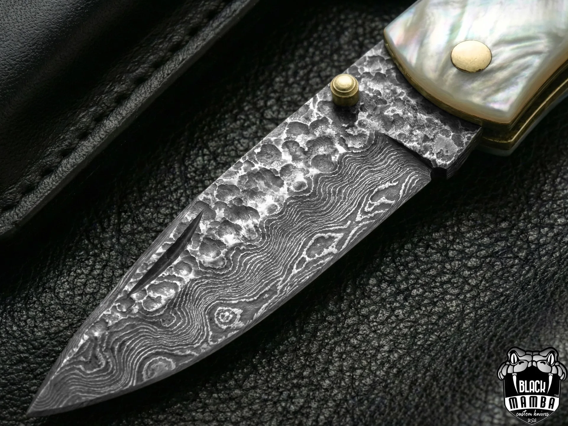 Azure Gem Hand Forged Rain Drop Damascus Pocket Knife | Sea Shell Turquoise Handle | And Leather Sheath Camping, Hunting, Christmas Gift & Him | BMK-682 - view 4