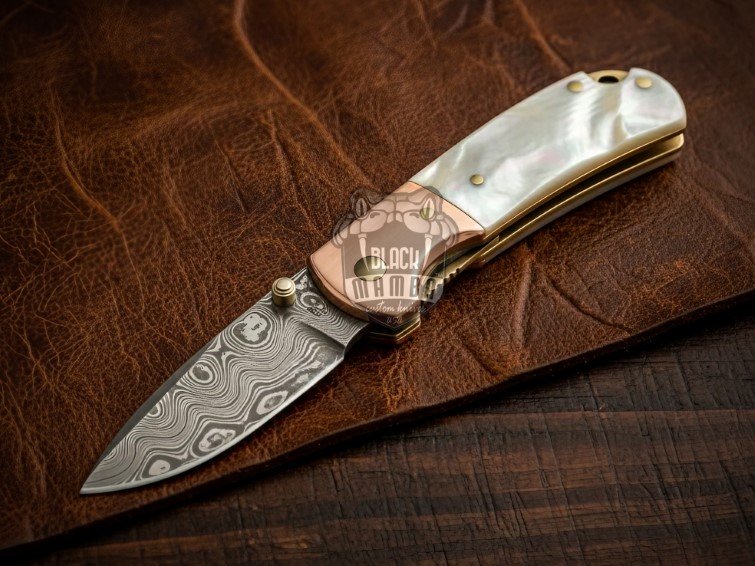 BMK-678 Black Mamba Mother-of-Pearl Handmade Damascus Pocket Knife With | Sea Shell Handle | Copper Bolster & Leather Sheath Camping ,Hunting , Christmas Gift & Him