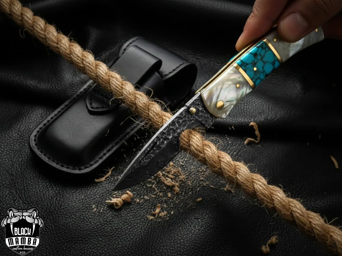 Azure Gem Hand Forged Rain Drop Damascus Pocket Knife | Sea Shell Turquoise Handle | And Leather Sheath Camping, Hunting, Christmas Gift & Him | BMK-682 - view 6
