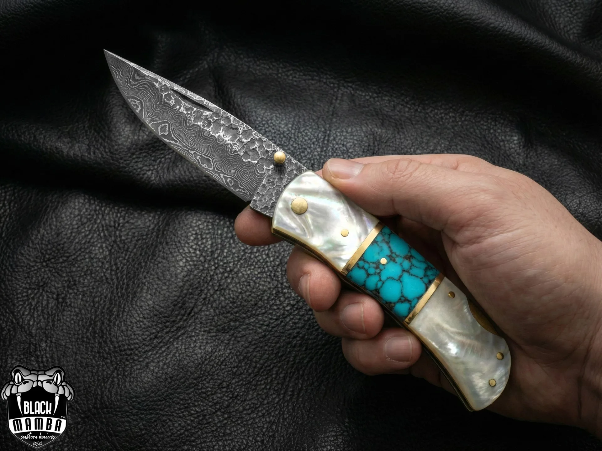 Azure Gem Hand Forged Rain Drop Damascus Pocket Knife | Sea Shell Turquoise Handle | And Leather Sheath Camping, Hunting, Christmas Gift & Him | BMK-682 - view 7